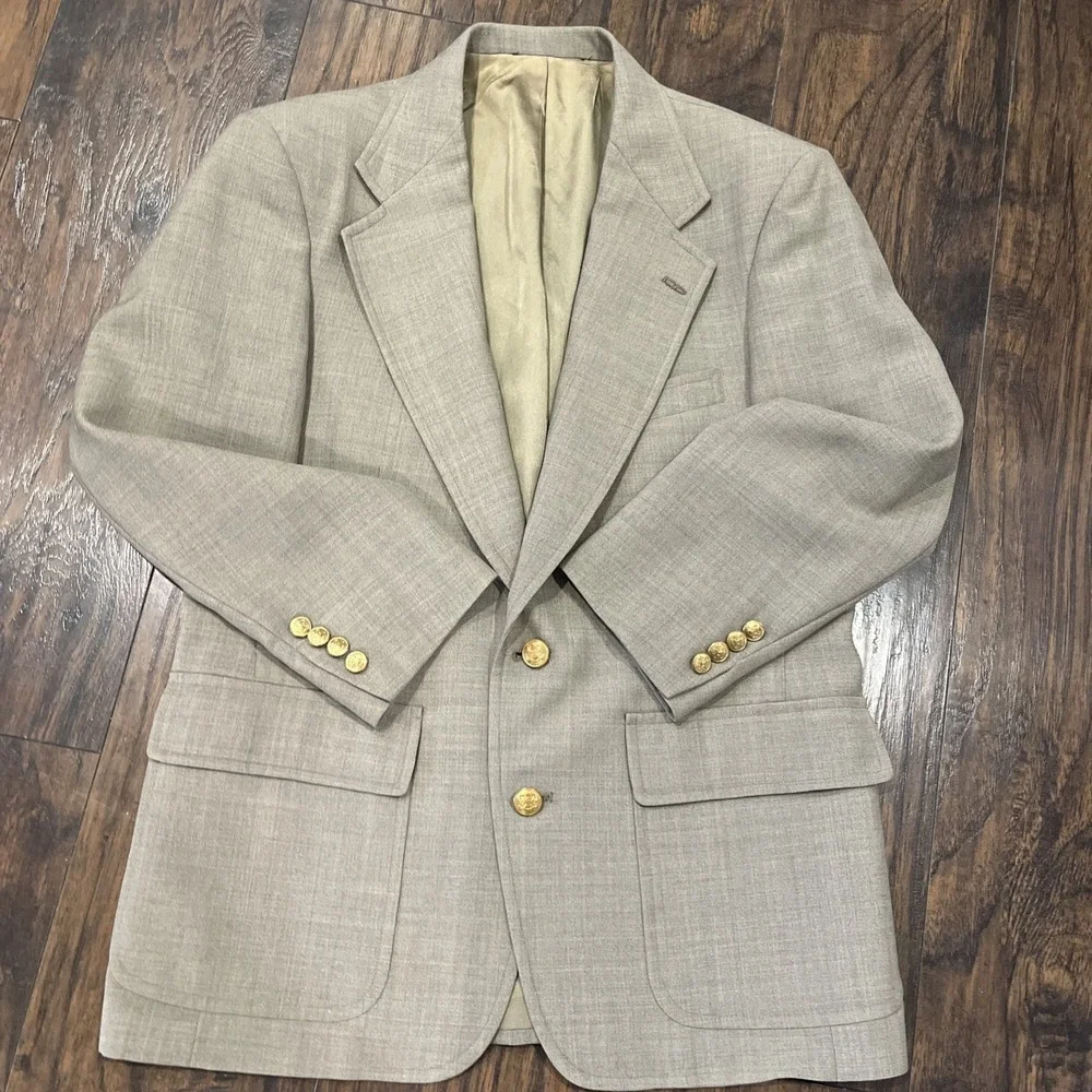 Vtg Hunter Haig Men's‎ Blazer Gold Trophy Buttons Sz 40* Heavy Woven Tan Flecked